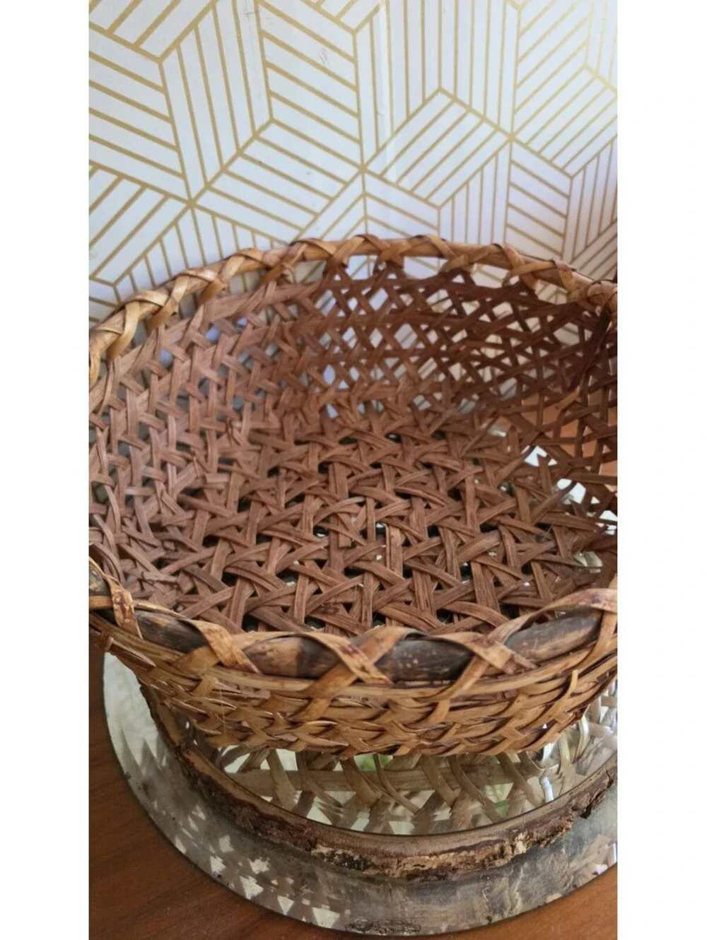 Vintage Woven Bamboo Splint and Wicker Gathering Basket Lg Arched Handle 15
